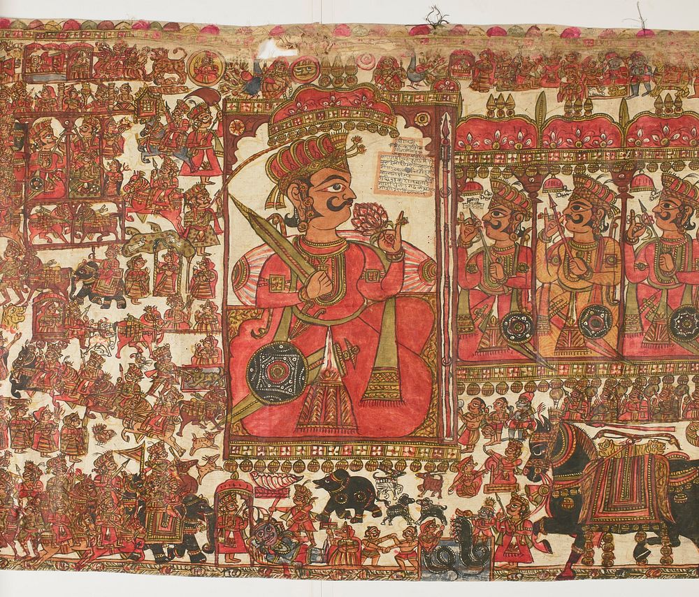 surface covered with paintings of warriors; battle scenes, horses, carts, and more; large mustachioed figure in red at…