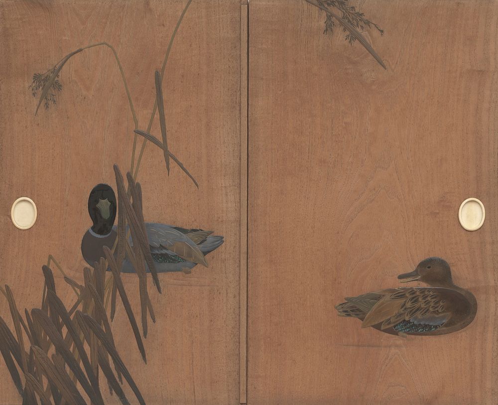L door: mallard at center behind reeds. Original from the Minneapolis Institute of Art.