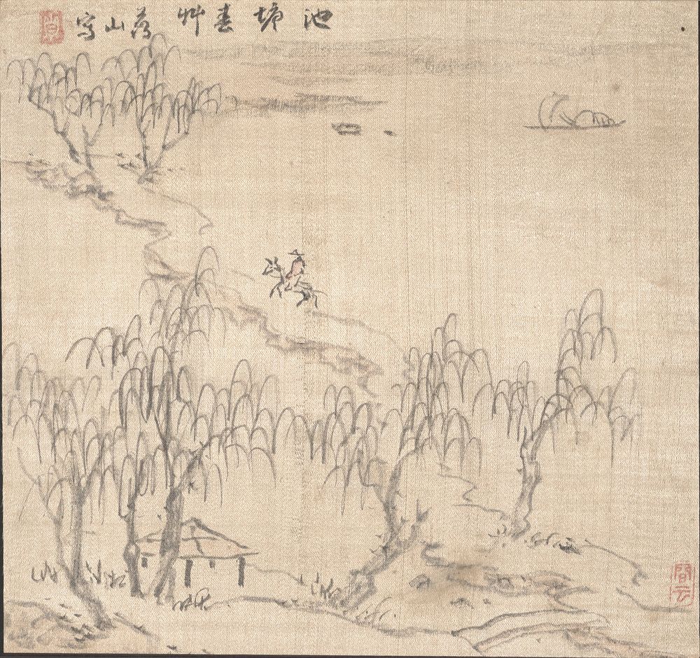 small human figure at center with red shirt and pointed hat riding a horse at center; leafless willow trees at ULC and along…