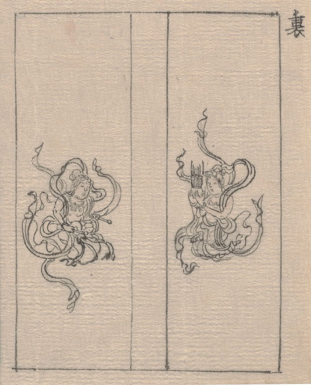 two facing figures, rendered in black ink with a very fine brush; musician L is kneeling, wearing flowing robes, with drum…