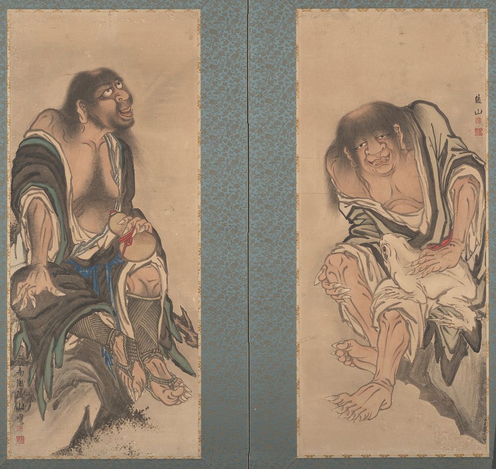 two-panel screen with two separate images; L panel: scruffy male figure seated on rock with flat bald spot on head, gazing…