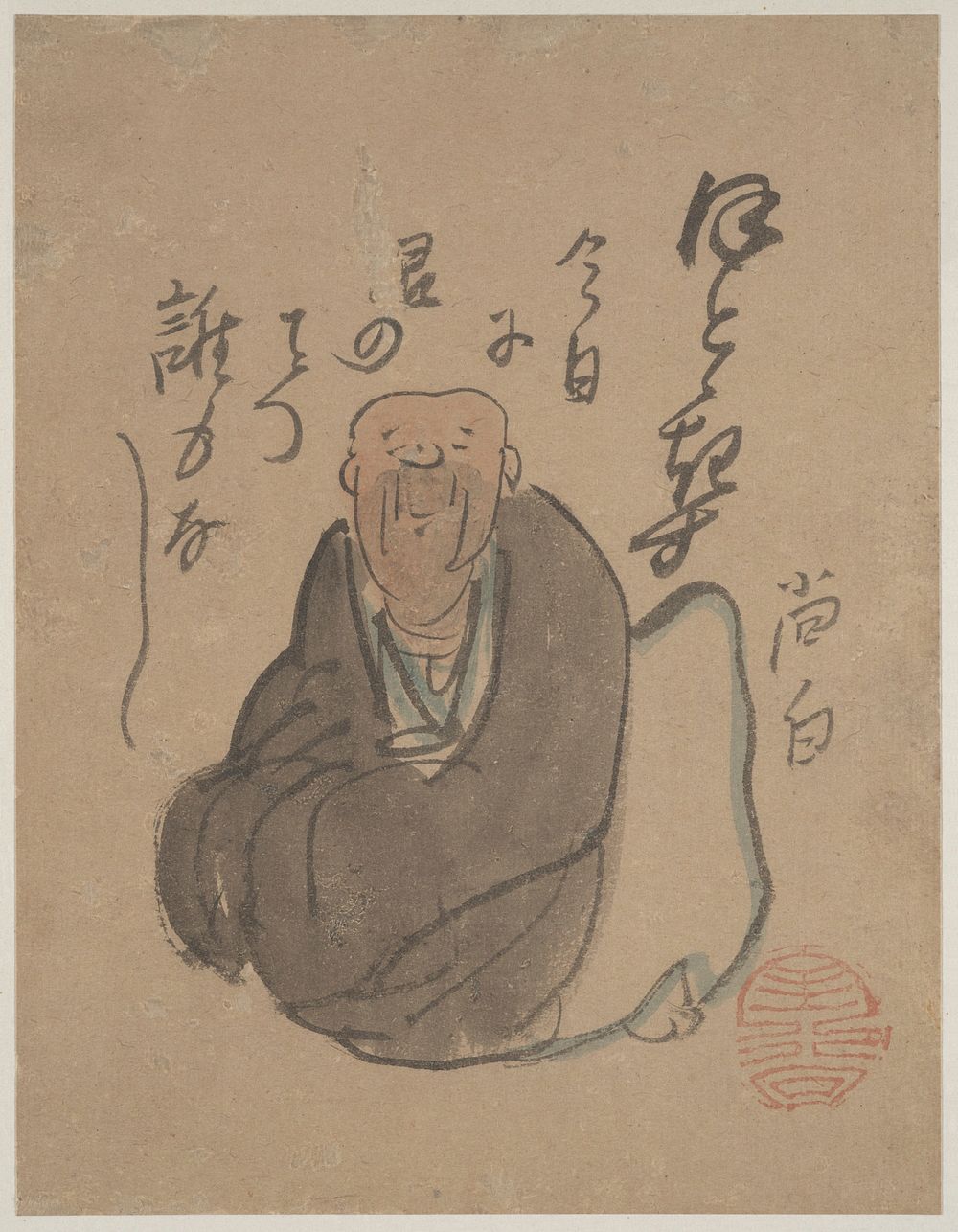robed man kneeling with arms folded in lap; man is bald, has slight smile and small, narrow eyes; resting against a white…