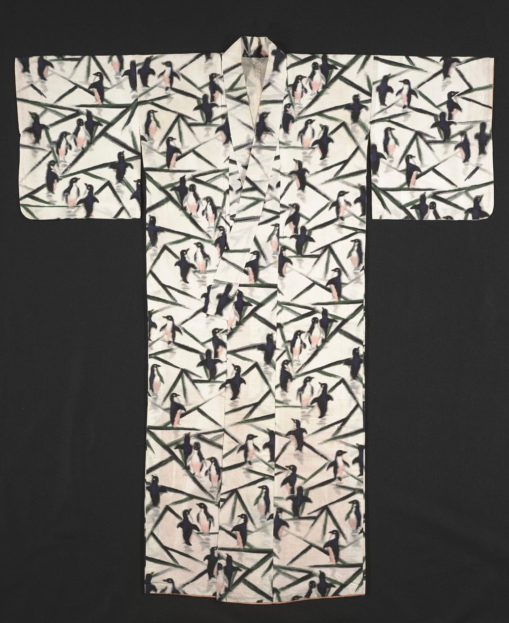 White kimono with green lines and navy blue penguin motifs. Original from the Minneapolis Institute of Art.