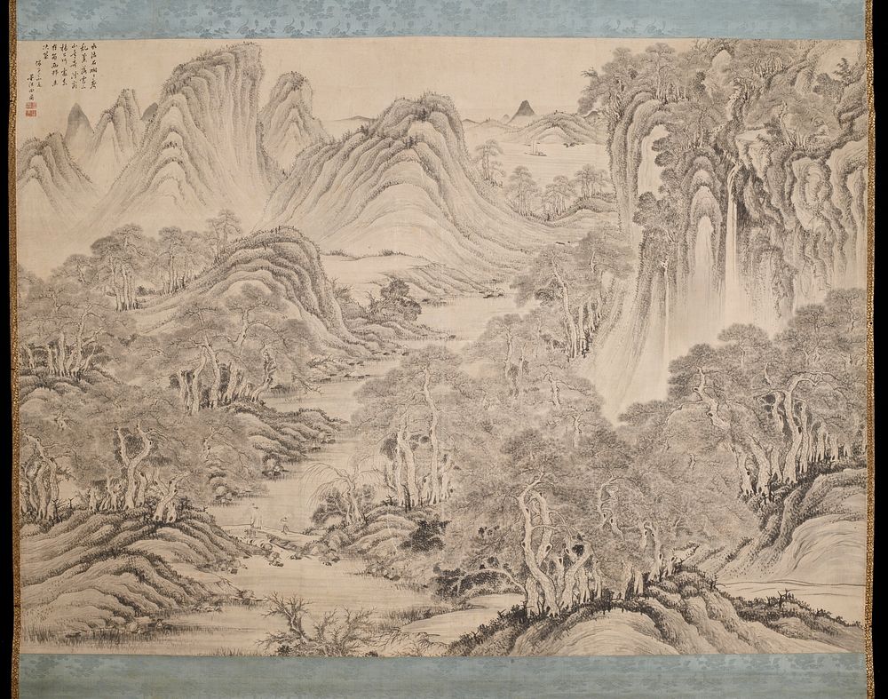 Landscape with waterfalls at URQ, rounded mountains in ULQ, two figures on a bridge in LLQ and trees in LRQ. Original from…