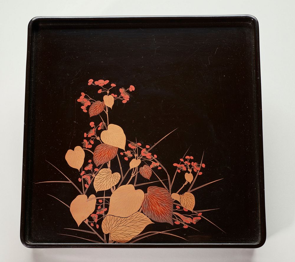 Black lacquer tray with design of pink flowers with heart-shaped leaves. Original from the Minneapolis Institute of Art.