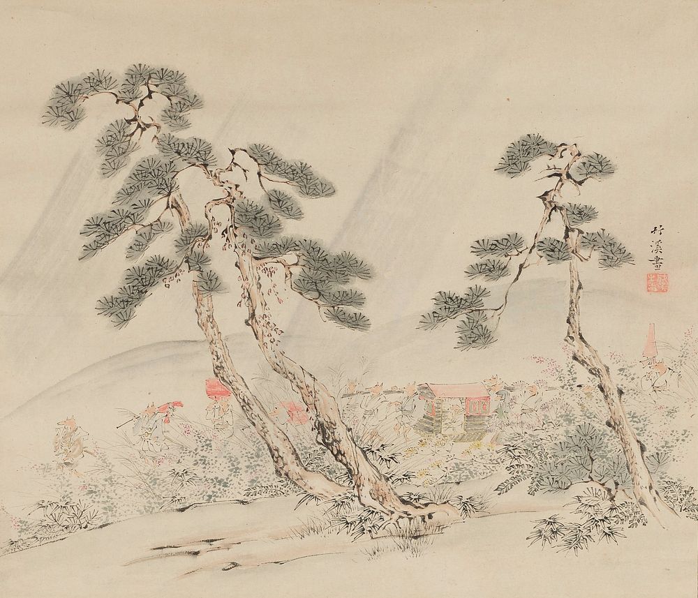 Landscape with procession of anthropomorphized foxes walking on hind legs including foxes seated in a grey and red sedan…