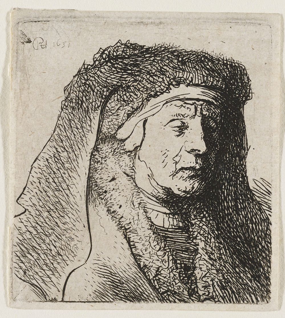 head and shoulders of an old woman wearing a large fabric headdress and a garment with a fur-lined collar; facing to the R…