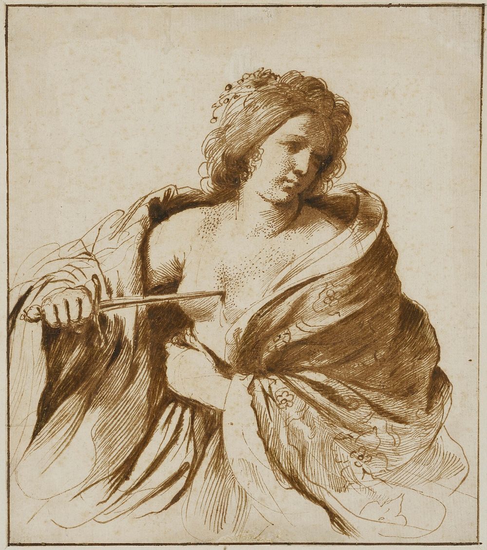 woman in 3/4 view with the front of her robe open and a dagger in her right hand pressed to her bare chest, looking away…