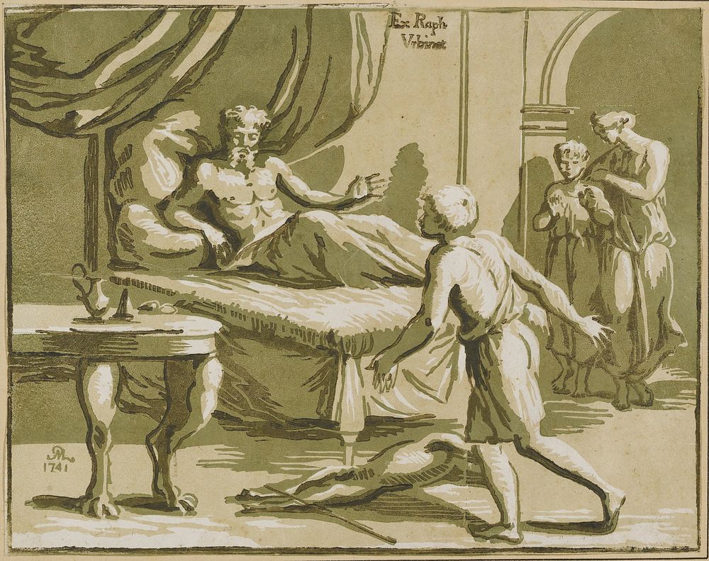 man reclining on a bed with a youth facing him in the foreground; woman and youth to the R under an arch. Original from the…