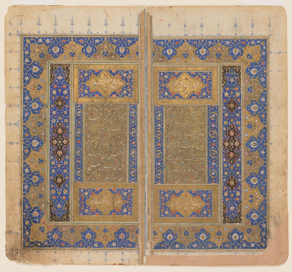Double frontispiece from a 'Kolliat' manuscript originally written by the Persian poet, Sa'di; decoration consists of a wide…