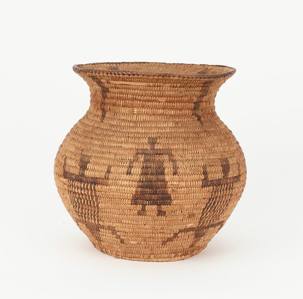 jar-shaped basket; flat bottom; sides flare outwards and inwards forming slight shoulder; short wide neck; outward-flaring…