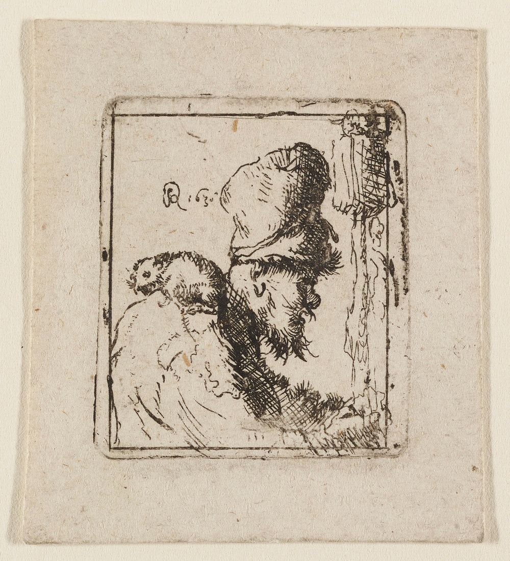 profile of male figure facing R with high hat and rough beard; rat perched on his PR shoulder. Original from the Minneapolis…