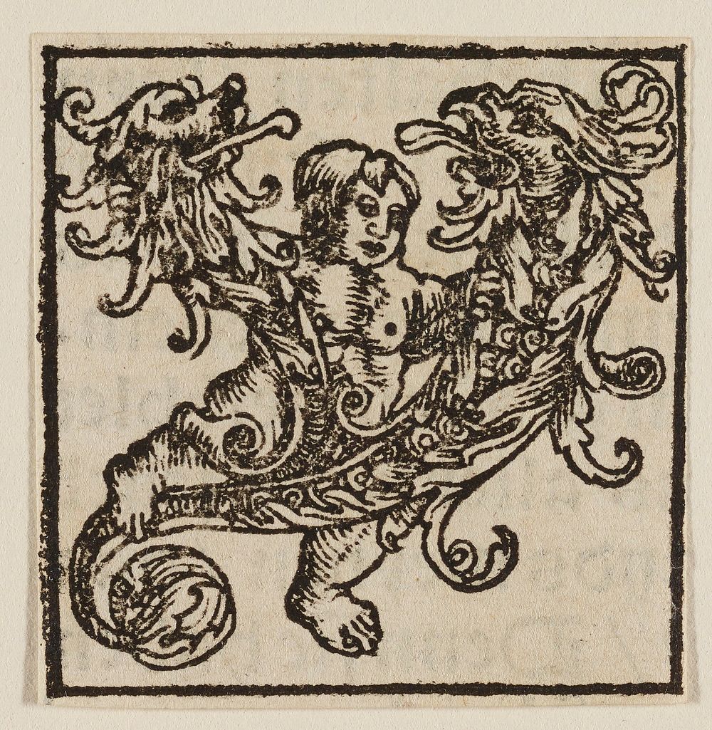 Letter Y: putto straddling arabesque design forming two grotesque heads that face each other. Original from the Minneapolis…