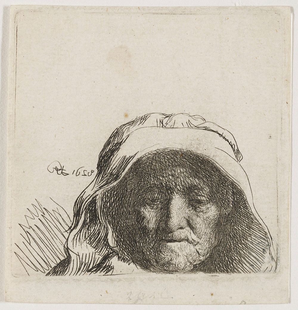 Rembrandt van Rijn's head of elderly woman with large white headdress covering hair and ears; pensively looking downward;…