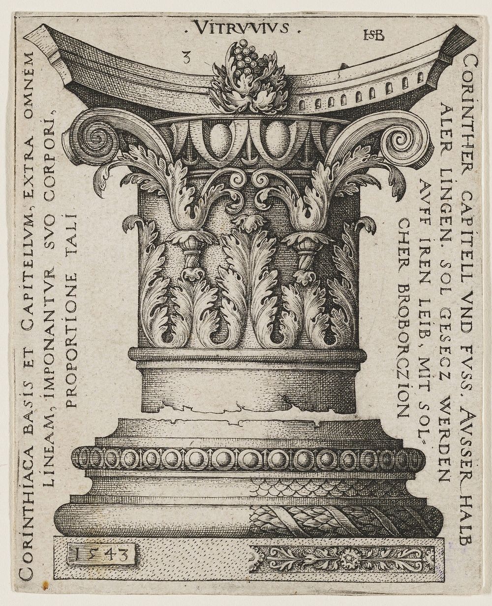 Corinthian column with heavy leaf ornamentation and scrolling motif at top; cluster of grapes in column's upper center;…
