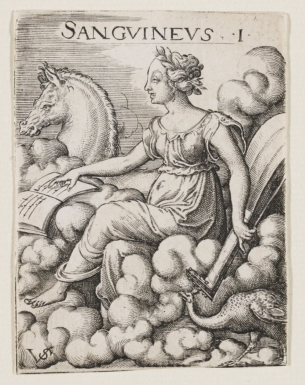 woman riding on a billowing cloud, facing forward, resting PR hand on open book of music; horse behind her; peacock at LRC;…