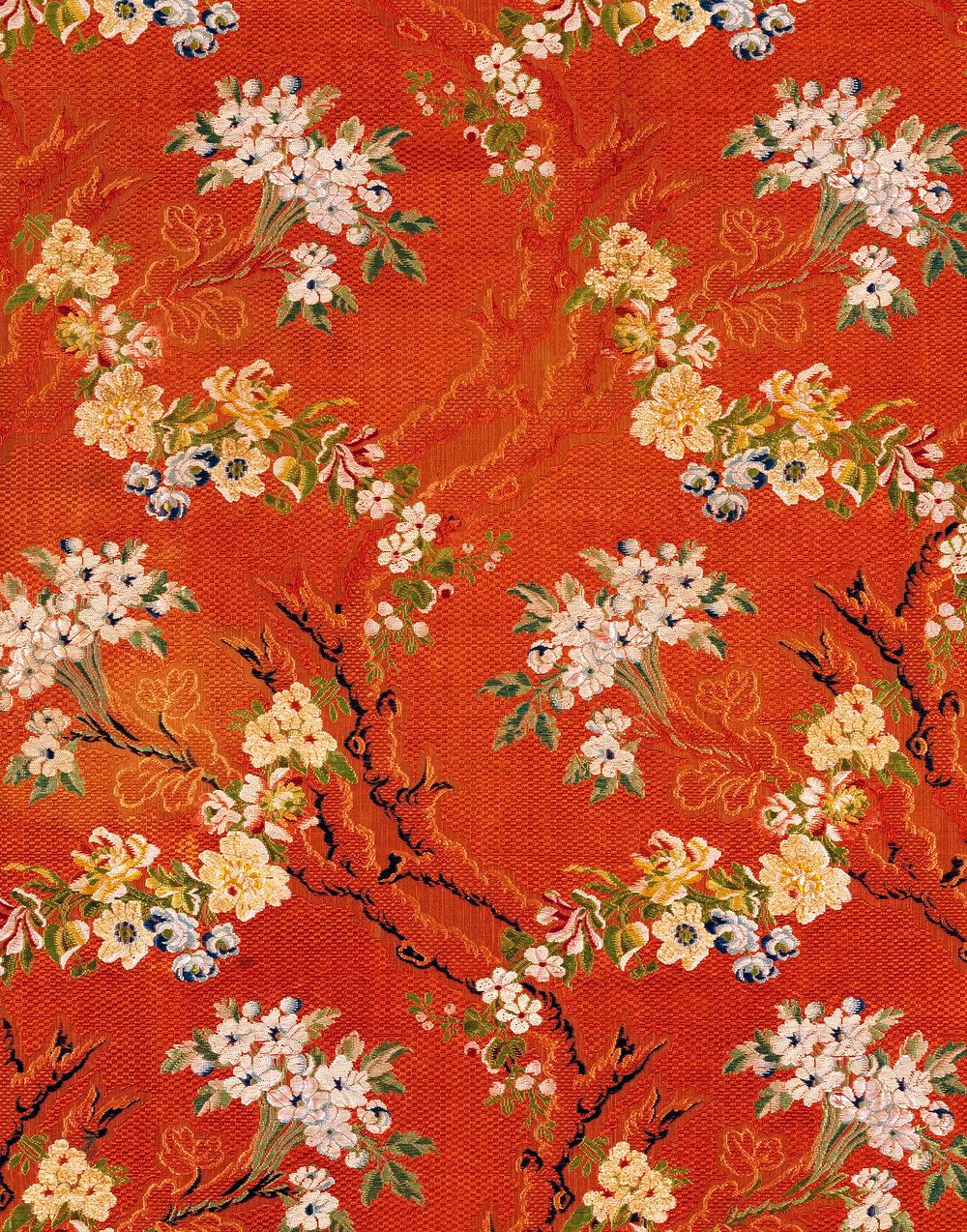 brick patterned; brocaded in silk chenille with floral bouquets. Original from the Minneapolis Institute of Art.
