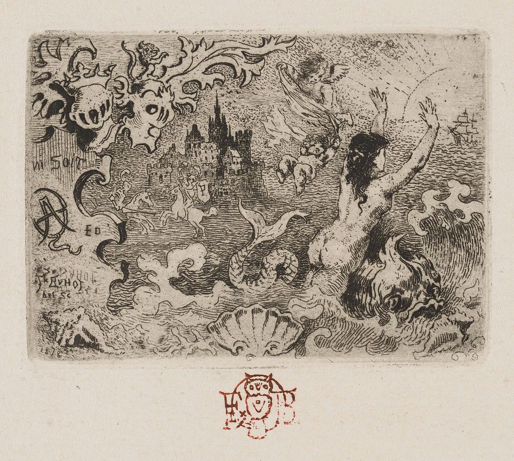 castle L of C in background, with two men on white horses nearby; wavelike motif in foreground at bottom with a mermaid…