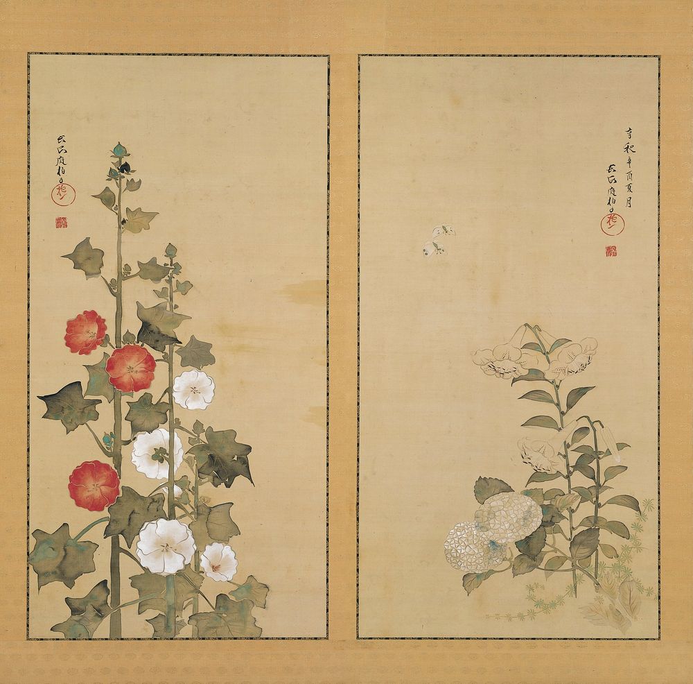 Two panel screen with two separate images of flowers: blossoming white lilies and hydrangeas highlighted with blue, and two…
