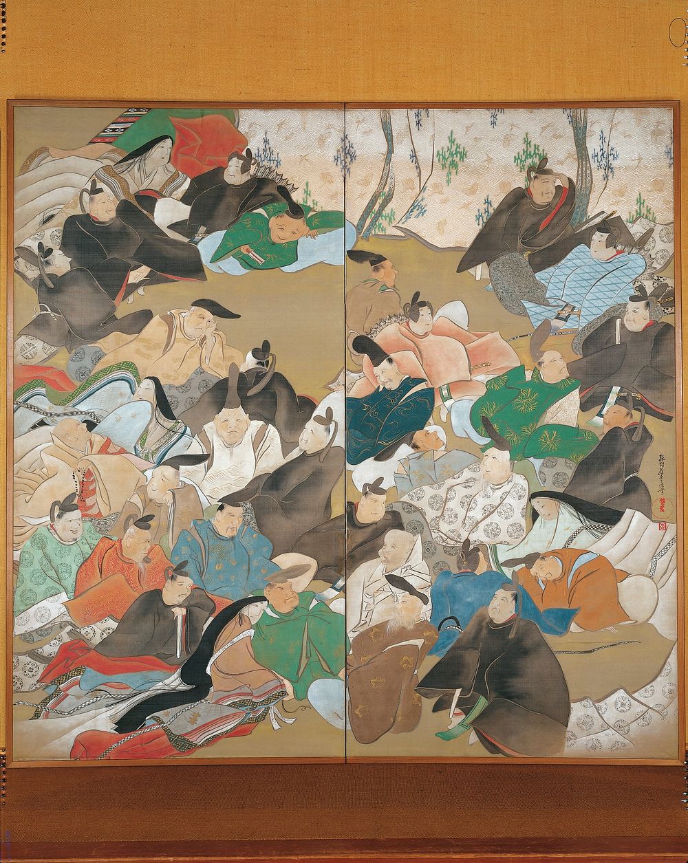 Group of 36 male and female figures seated and reclining in various positions, and looking in different directions; some are…