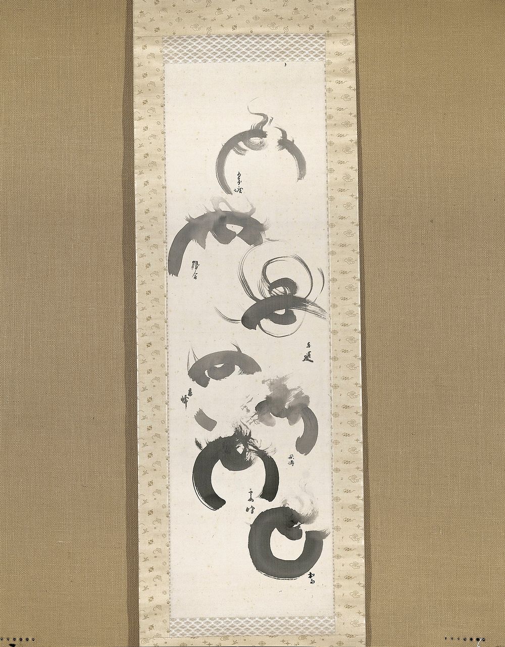 Seven eye-like figures arranged vertically down scroll; collaborative painting. Original from the Minneapolis Institute of…