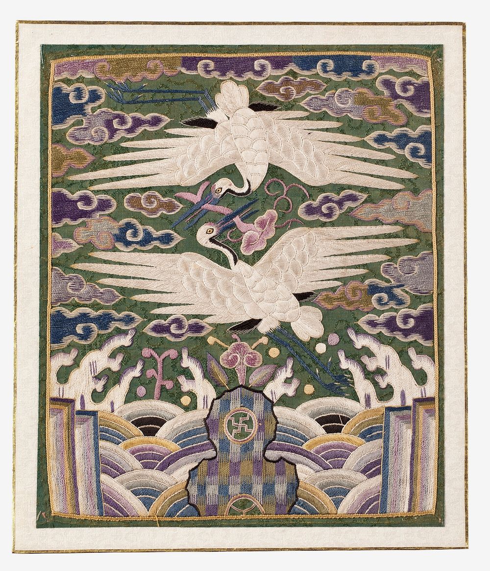 Square panel of embroidered green silk; two white cranes at center with wings outward, facing each other, one above the…