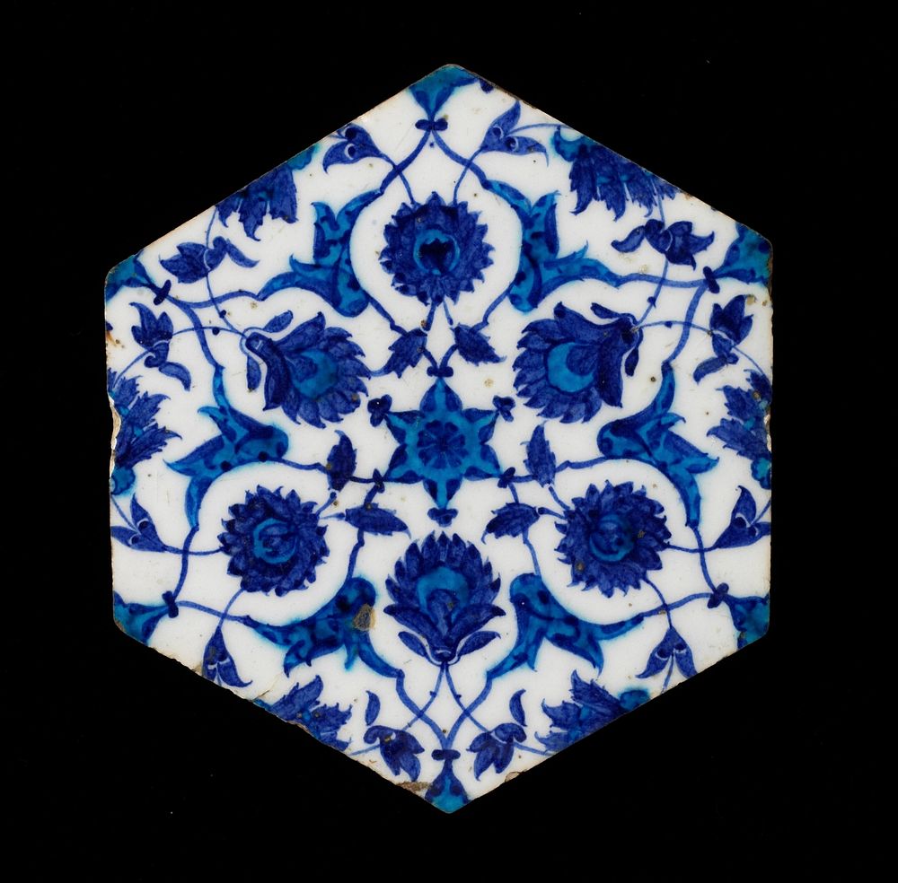 Hexagonal Tile palmette and arabesque design in turquoise and dark blue on white; Damascus. Original from the Minneapolis…