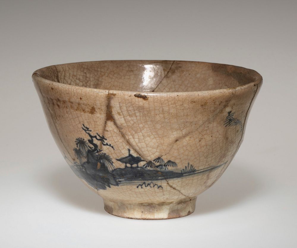 Tea Bowl gray glaze with landscape in blue. Original from the Minneapolis Institute of Art.