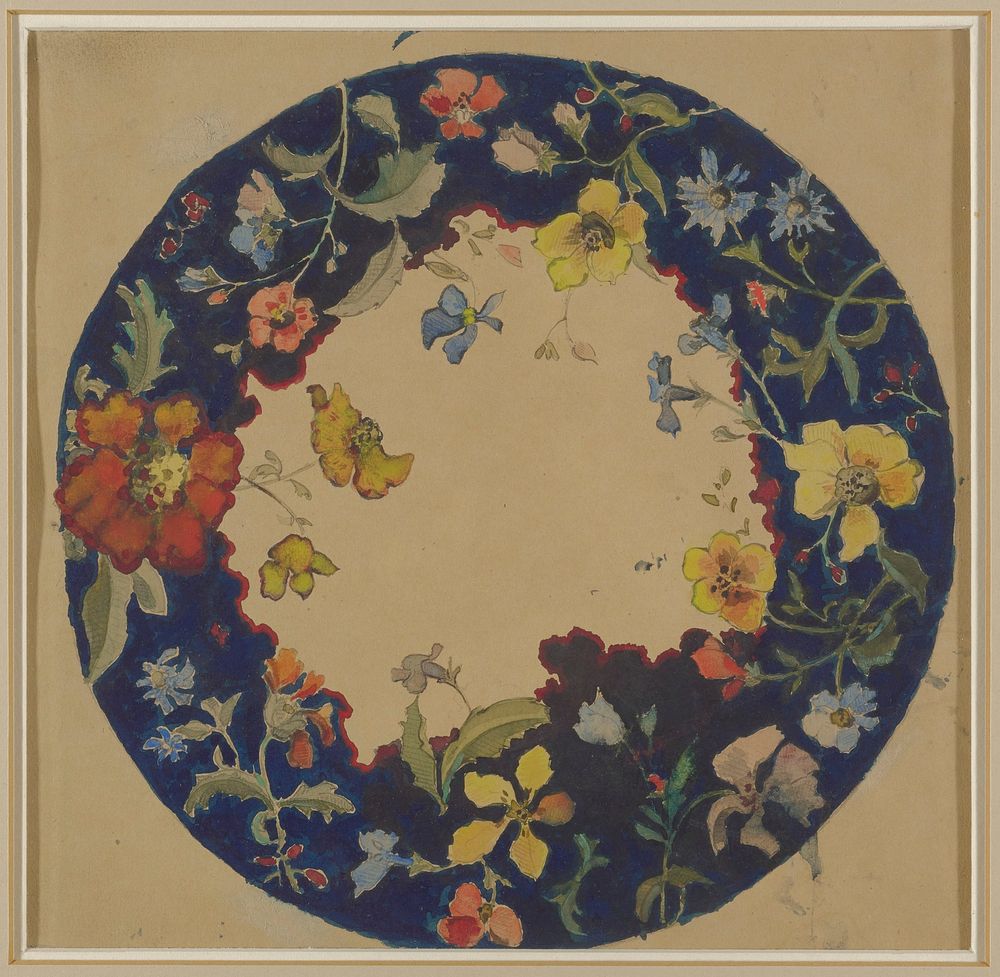 round design for a small dinner plate; dark blue around edge with freely-painted flowers predominately in yellow and red.…