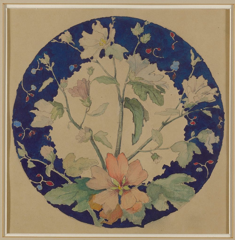 round design for a small dinner plate; dark blue around edge with pinkish-red flower at bottom center with leaves on either…