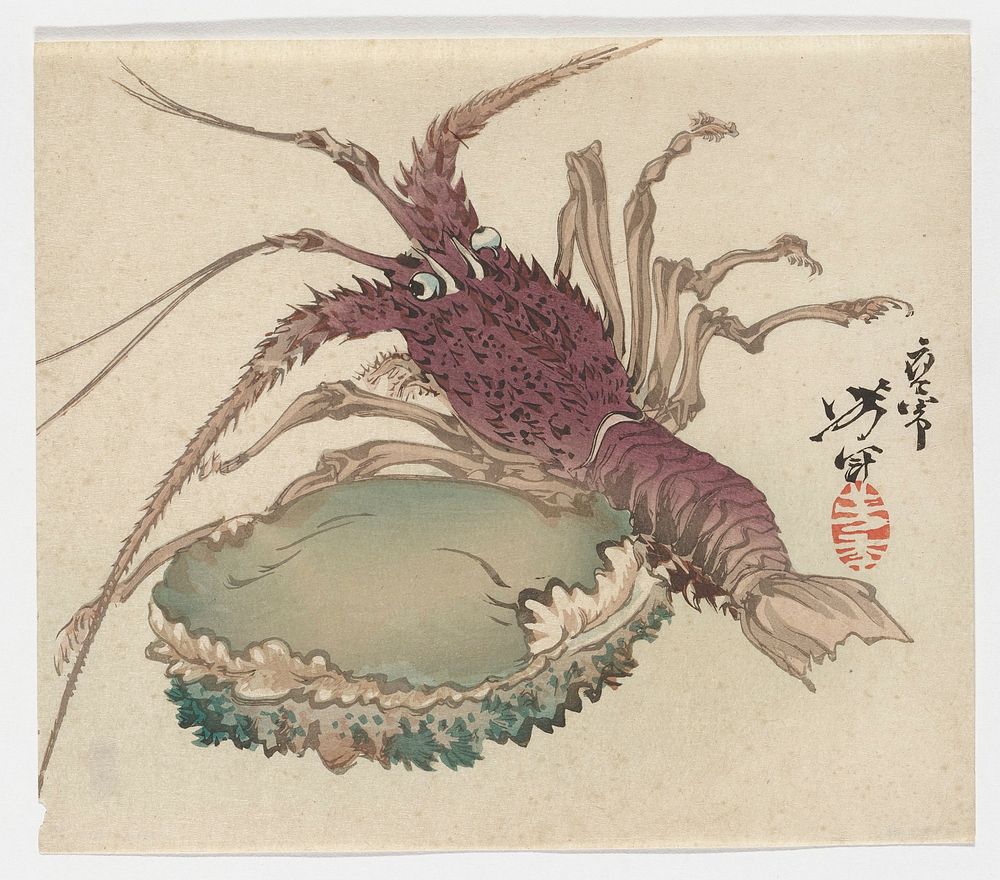 Green abalone in LLQ; reddish-brown lobster with blue eyes at right; tan label on back at LRC with Japanese characters and…