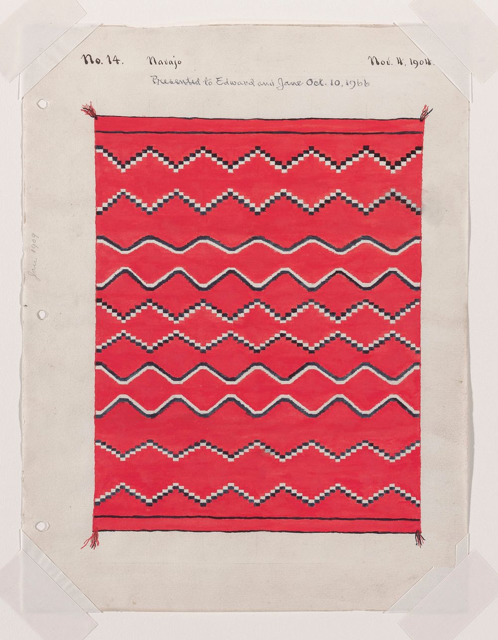 depiction of red textile with blue and white zigzagging horizontal lines, creating diamond pattern. Original from the…