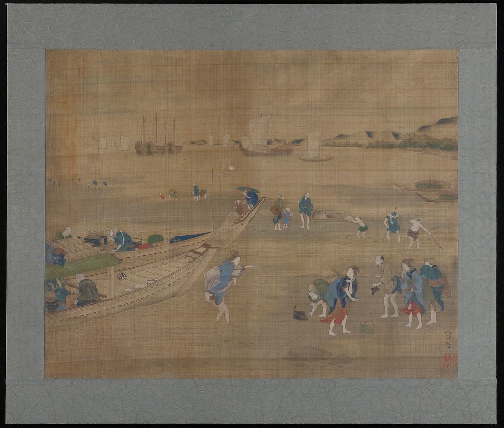 Many women, men and children on beach at right, some standing and some digging in sand with their hands and staffs; boat in…