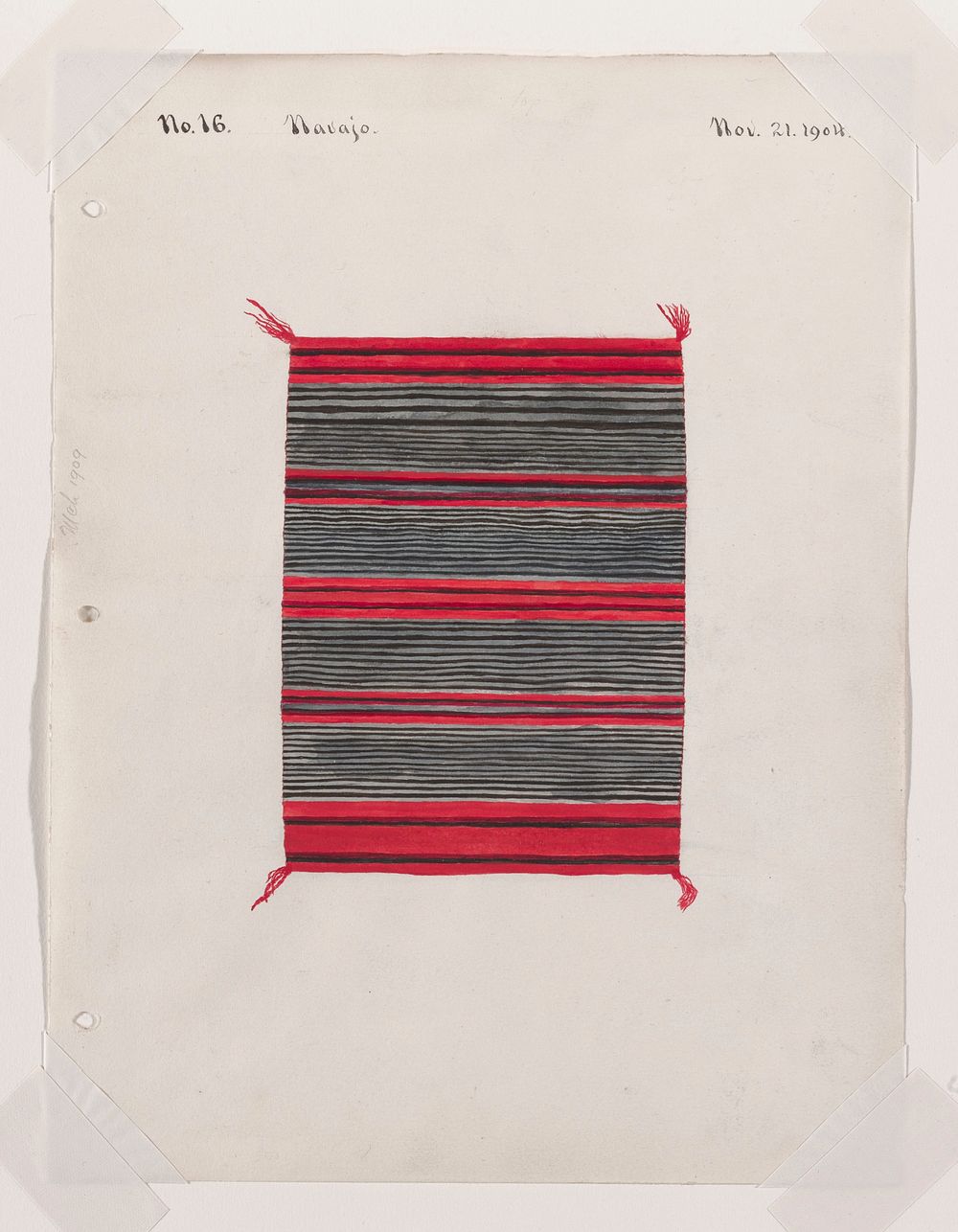 depiction of a textile with close black and gray stripes separated by wider bands of red; red tassels at corners. Original…