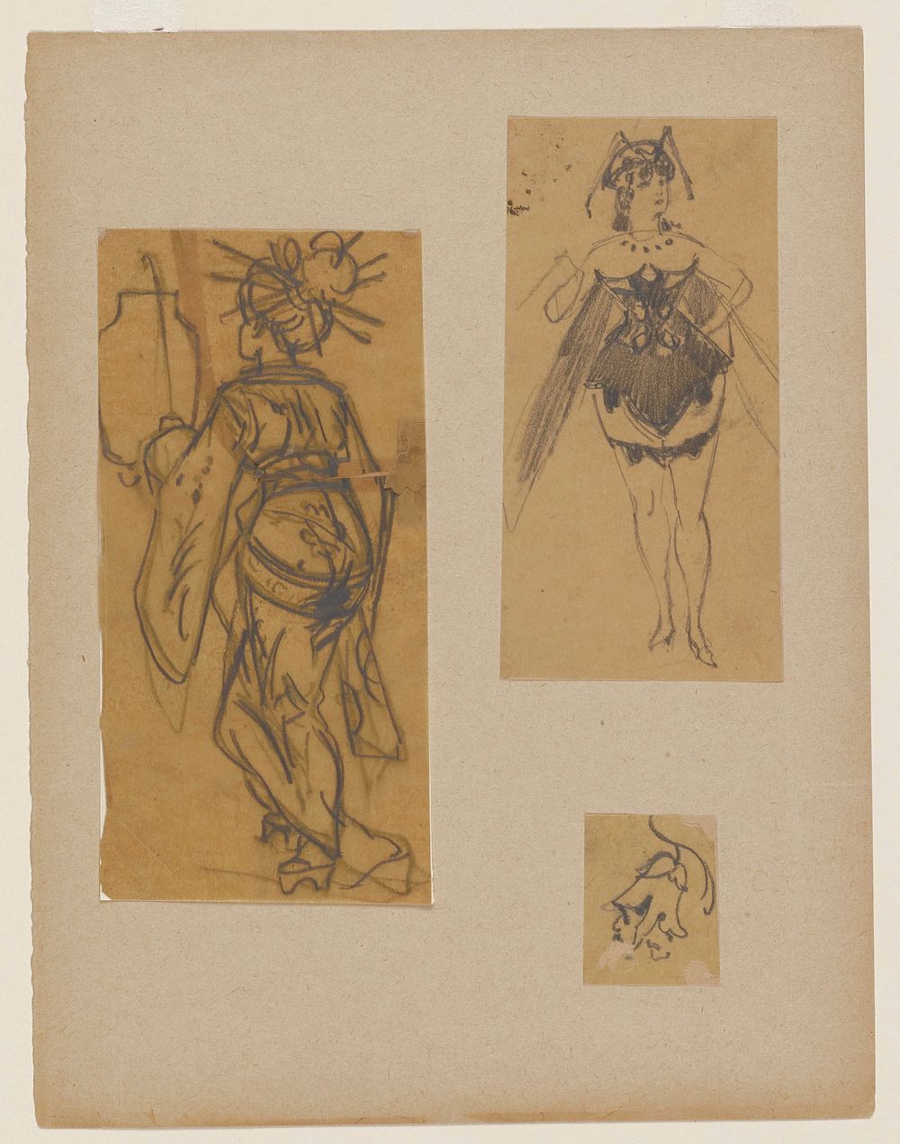 three figure drawings adhered to a sheet of paper: a. image of a female figure, backing facing outward, wears Japanese-style…
