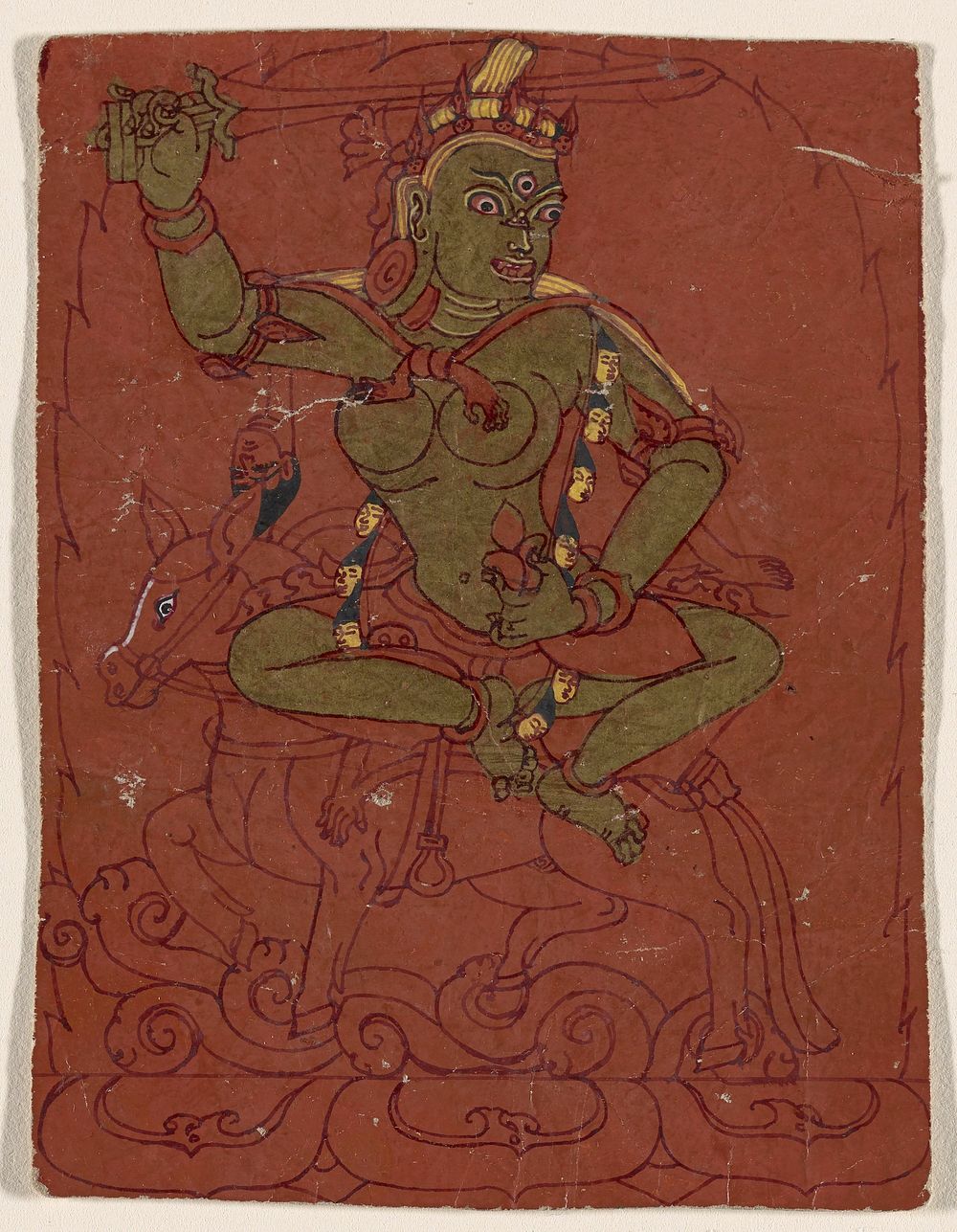 drawing of a female figure with a third eye and gold skin, seated cross-legged on a horse, brandishing a sword; red ground…