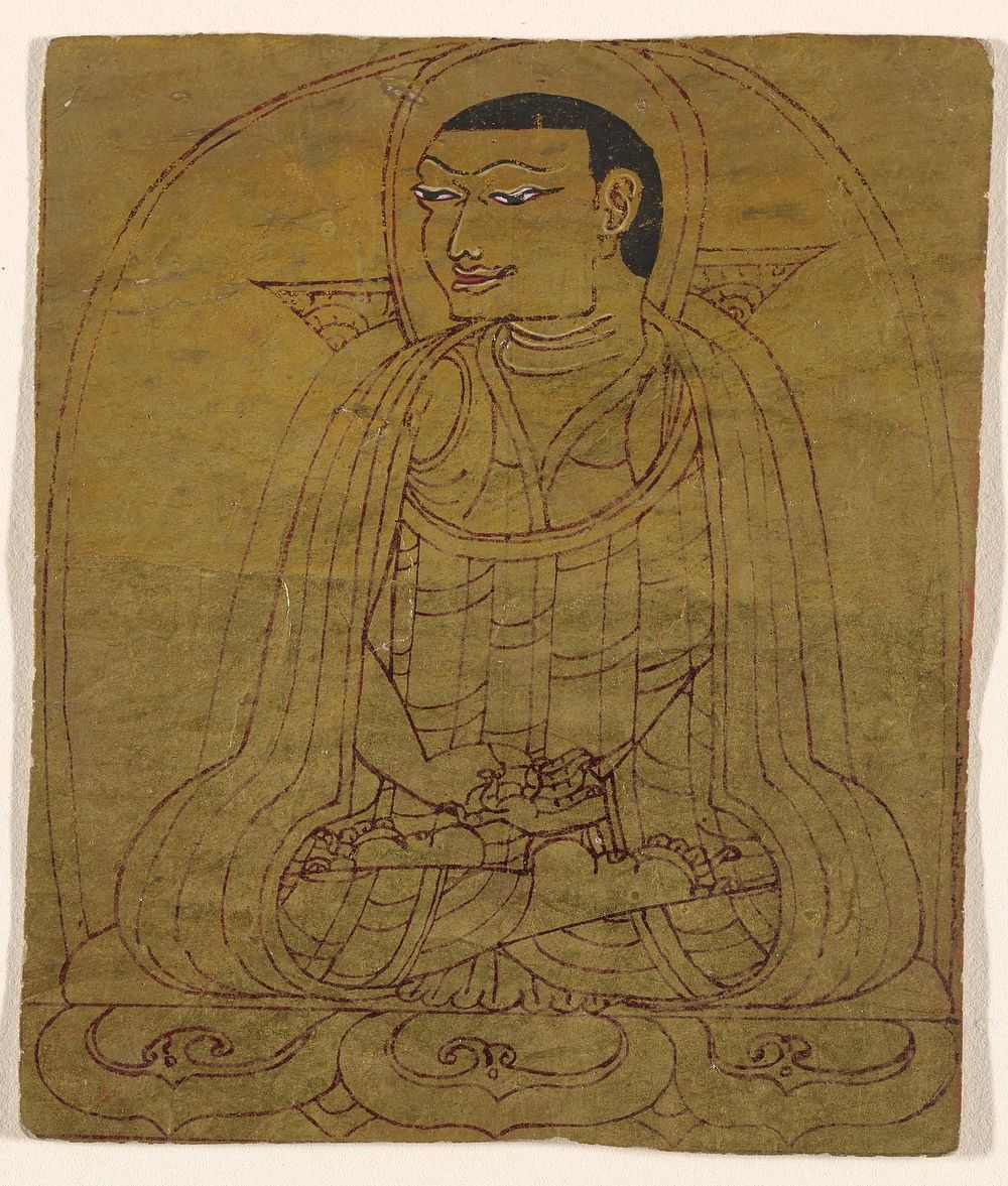 drawing of a male figure seated on a lotus throne, looking toward his PR side; gold ground; 12 lines of text, in red, on…