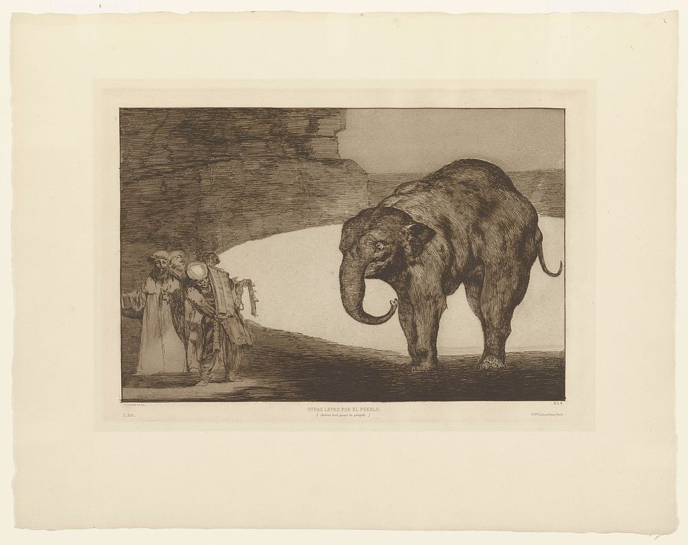 an elephant on the viewer's right looks toward a small group of four figures on the left; the four figures are in long robes…