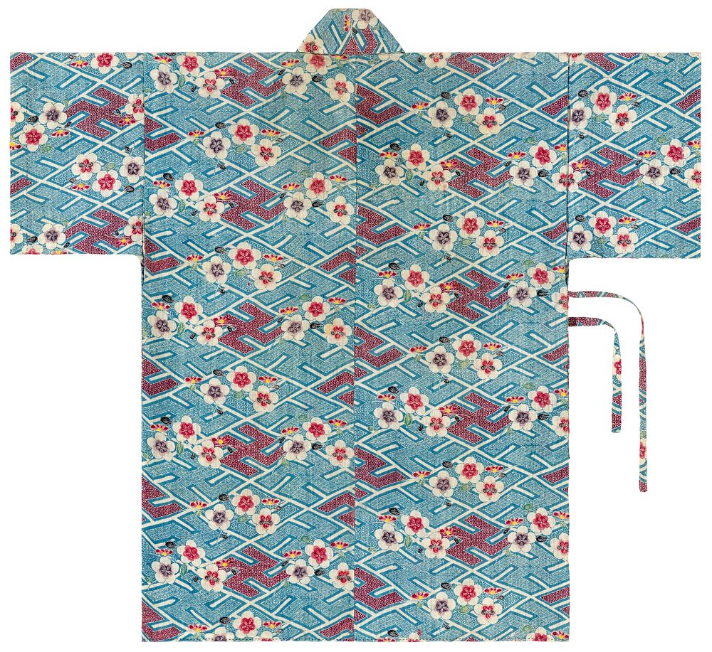 Short robe with white blossom pattern over patterned background consisting of blue and red swastikas; fabric tie attached to…