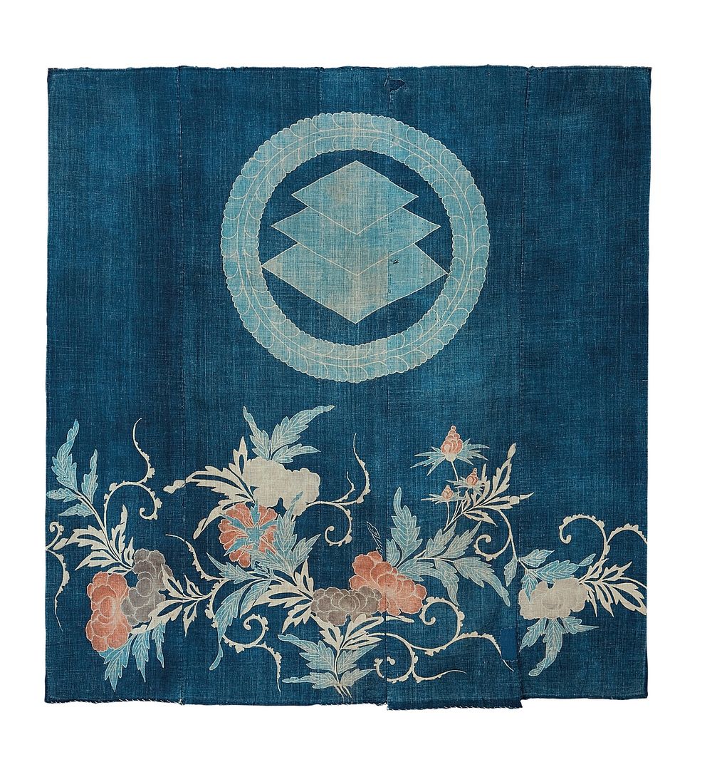 Five vertical panels sewn together with crest at TC and floral imagery along bottom; at top, light blue circle around three…