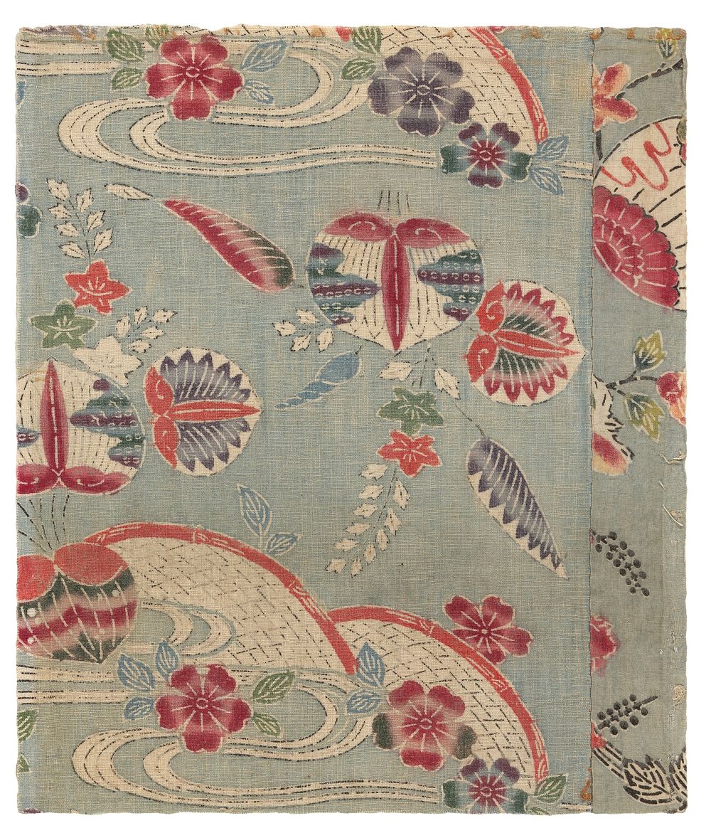 Two panels of patterned fabric with light blue background; floral, leaf, and wave imagery in red, blue, green, purple, and…