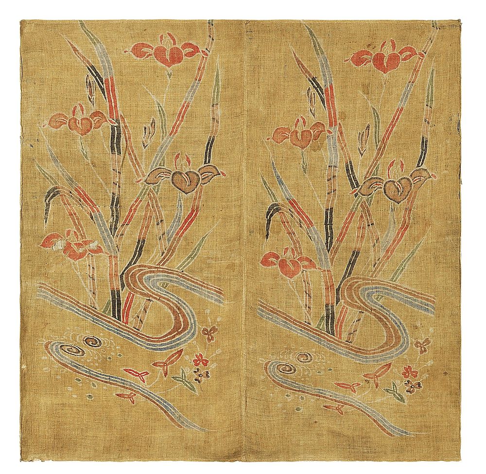 Yellow-ground wrapping cloth (uchikui) with pattern of irises in a flowing stream. Original from the Minneapolis Institute…
