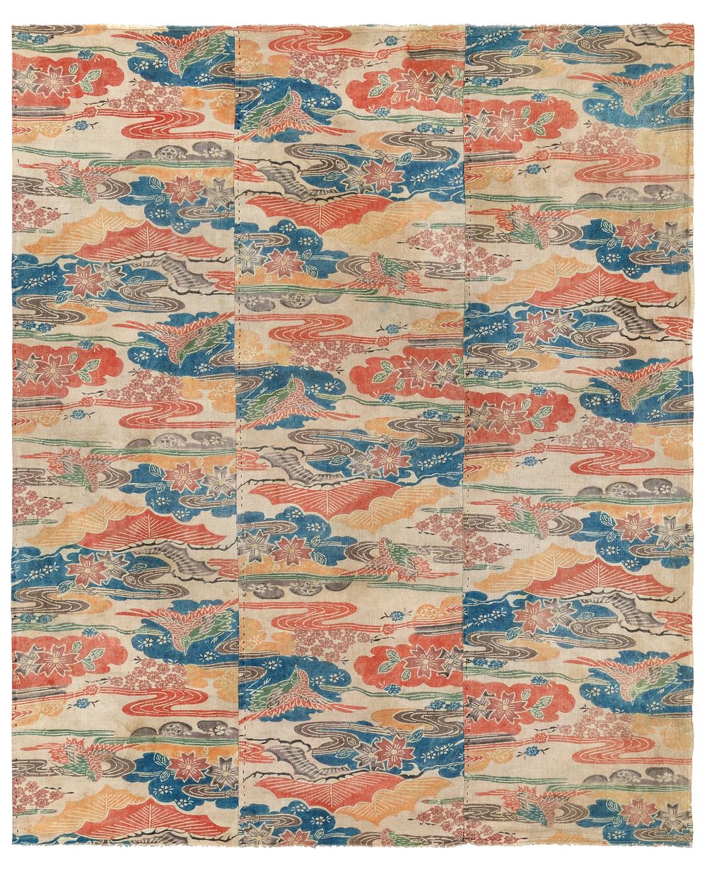 Three vertical patterned panels sewn together; red and green birds, blue water, and red, orange, green, and brown flowers.…