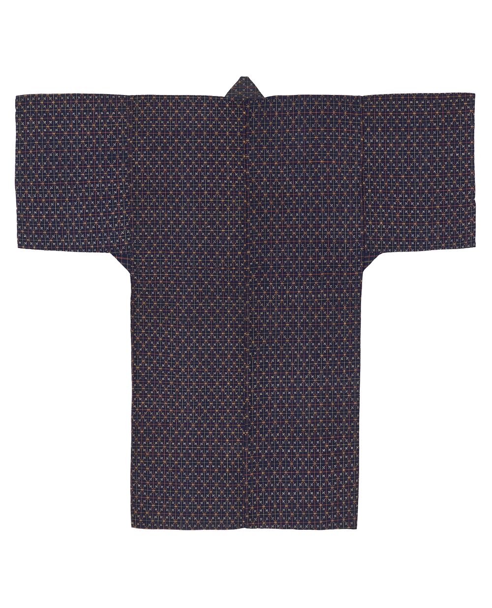 Navy blue robe with square and diamond pattern design and patterned linings; pink, orange, and white square and diamond…
