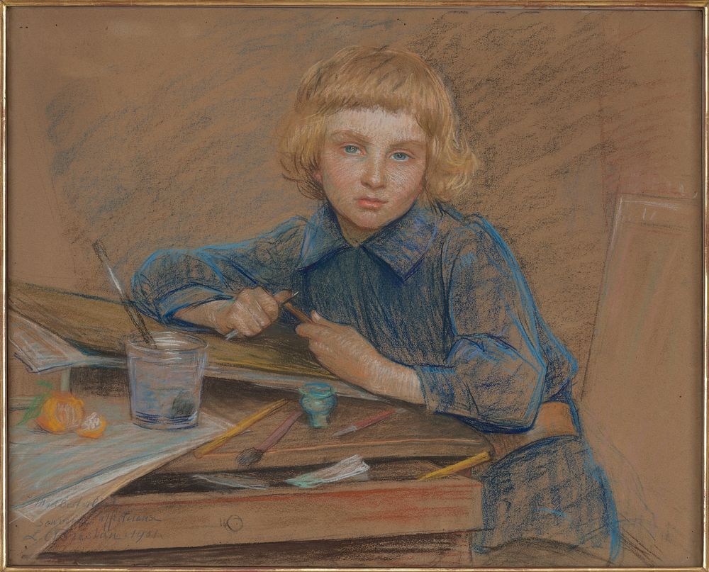 boy with blonde bobbed hair wearing a blue shirt, seated at a worktable with brushes, glass, and fruit. Original from the…
