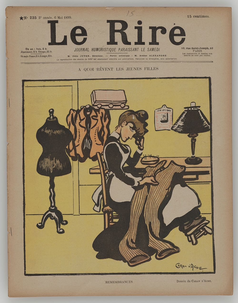 magazine with cover printed in color; cover cartoon of woman in black dress and white apron hand-sewing man's pants.…