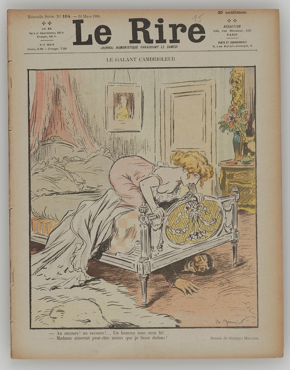 magazine with cover printed in color; cover cartoon of woman wearing pink in a bed looking over the footboard; man hiding…