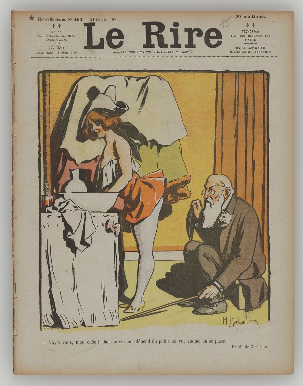 magazine with cover printed in color; cover cartoon of old man sitting on stool with a young female performer at a washbasin…
