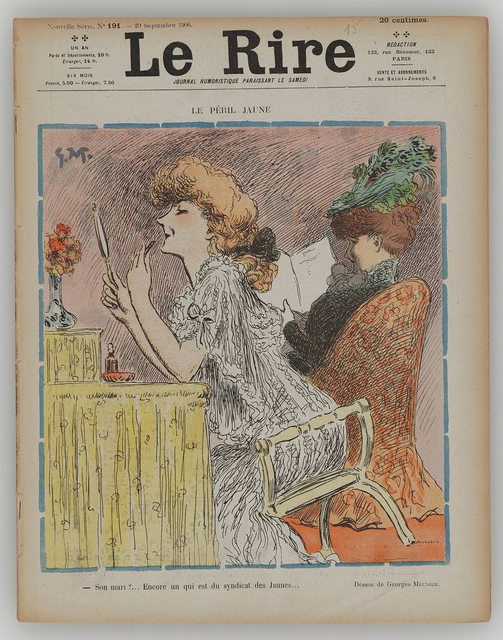 magazine with cover printed in color; cover cartoon of woman in white lace gown in foreground, looking in a hand mirror…
