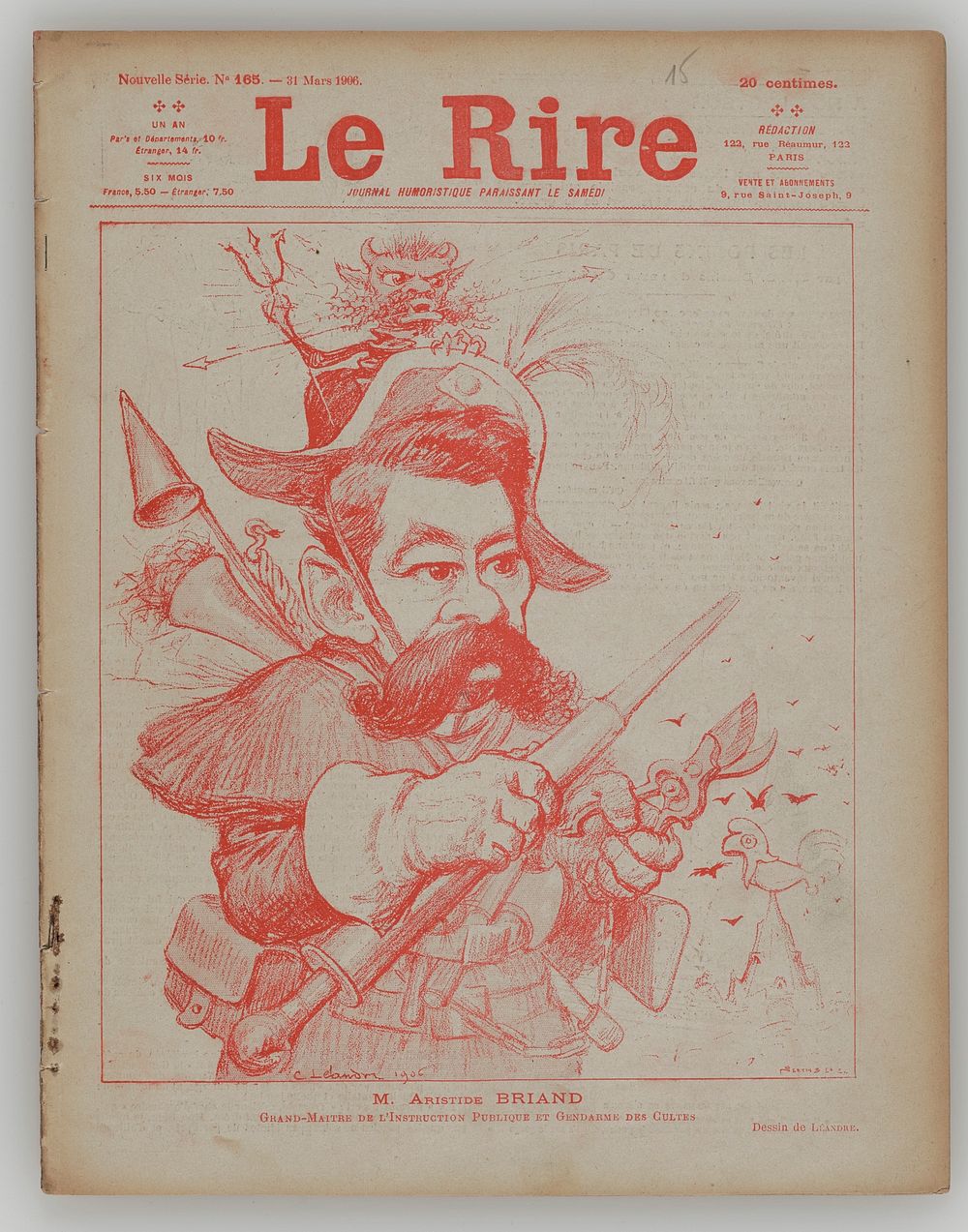 magazine with cover printed in orange; caricature of man holding clippers and mace (?) with a devil seated on his head, on…